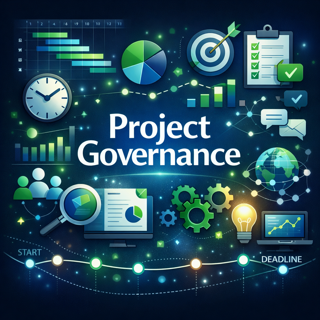 Graphic with project governance in the middle with other graphic elements around the sides