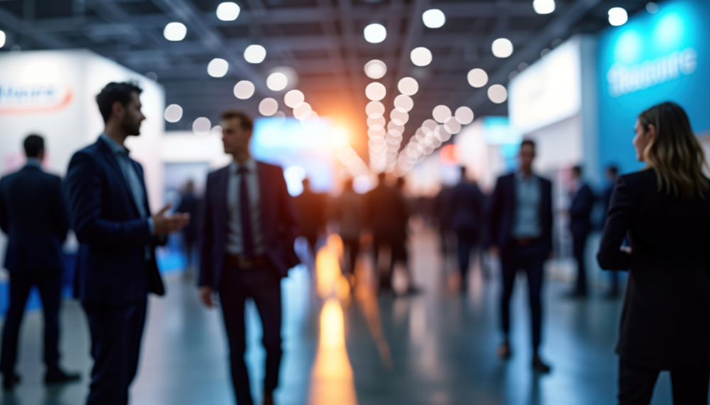 people outside at night with lights in the background