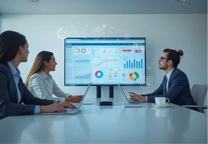 Three people sitting at a bright meeting room with a TV in the background.