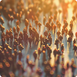 An aerial view of many people walking outside