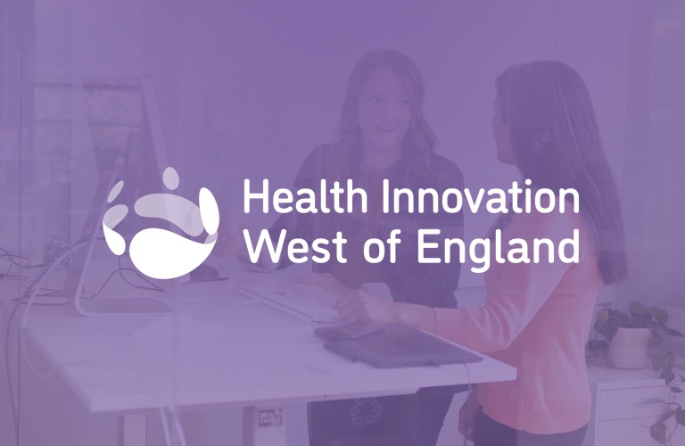Health Innovation West of England's logo on a transparent purple background with two workforce members talking